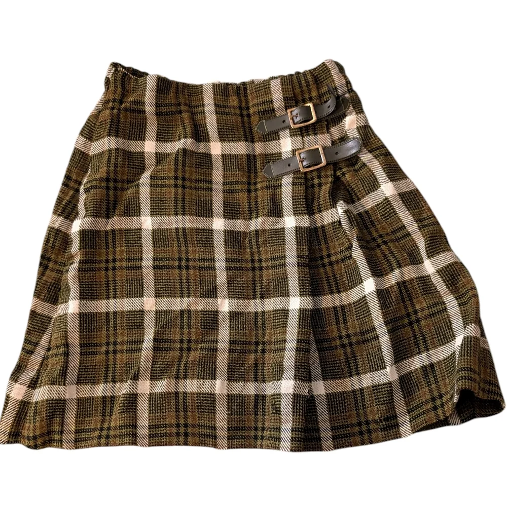 70s Vintage Wool Plaid Poncho & Matching Skirt with Pom Pom‎ Trim MCM